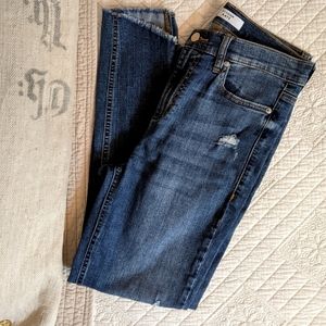 DYNDNM KATE denim jeans, hi-rise, distressed and raw, asymmetrical hem